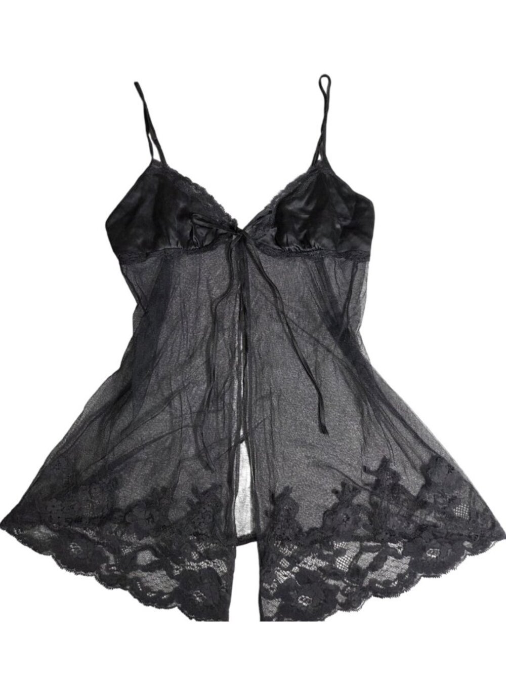 Y2K Victoria’s Secret Chemise Nightie Size M Black Silk /Nylon Mesh Open Front